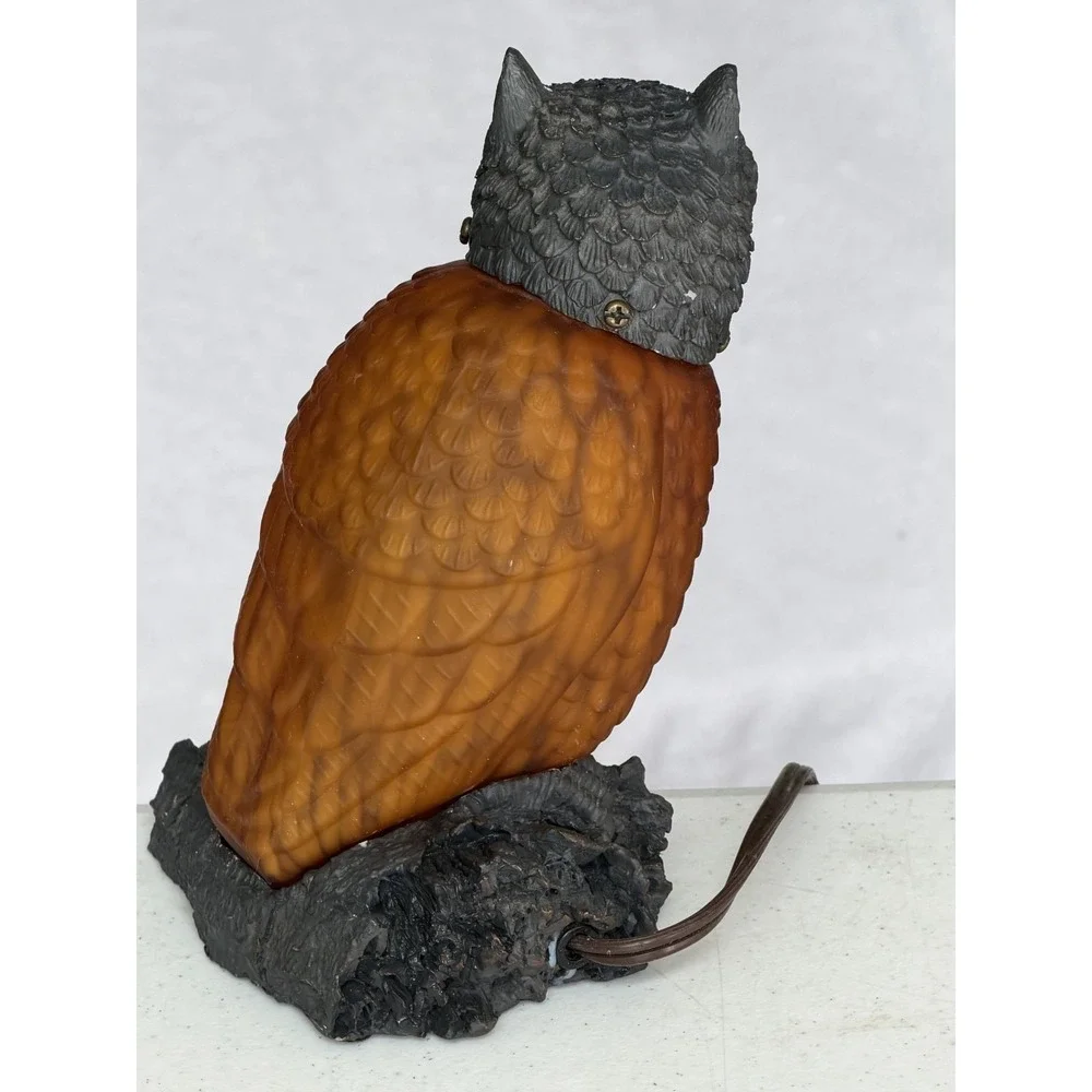 Vintage Lamp Glass Owl with Red Eyes on Resin Base Table Lamp Night Light 8.5